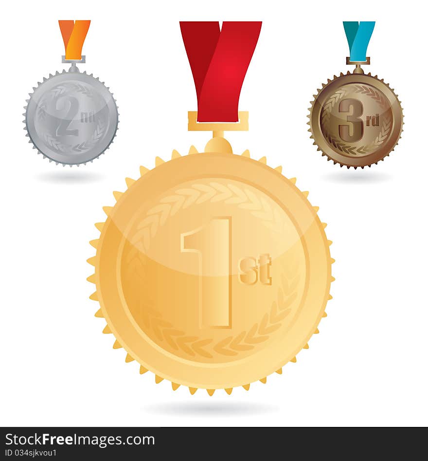 Isolated illustration of three medals, gold, silver and bronze. Isolated illustration of three medals, gold, silver and bronze.