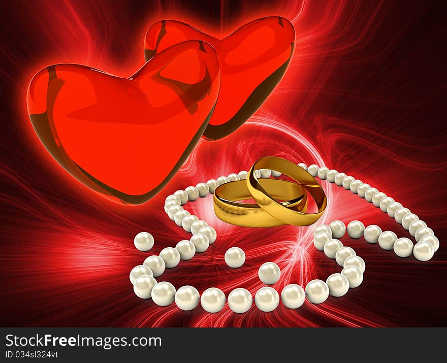 Pearl's necklace with gold rings. Computer generated image