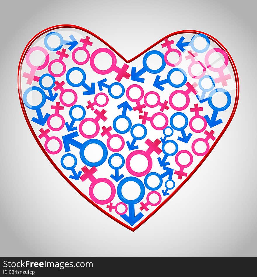 Illustration of heart with male female icons on white background