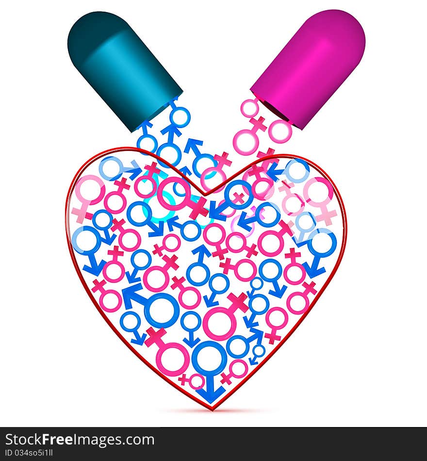 Illustration of heart with capasule and male female icons on isolated background