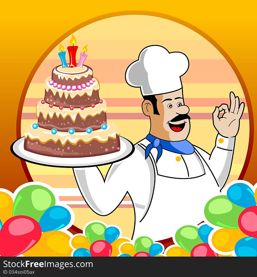 Illustration of birthday card with balloons cake and cook