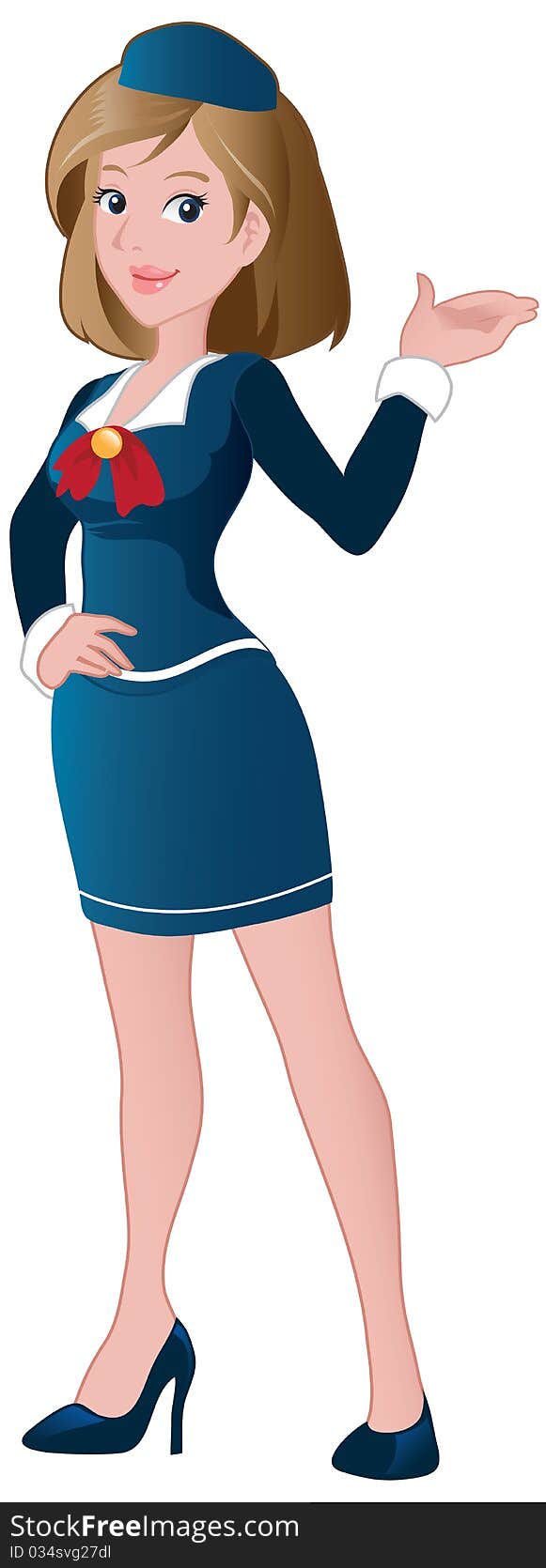 Pretty stewardess in a presenting pose.