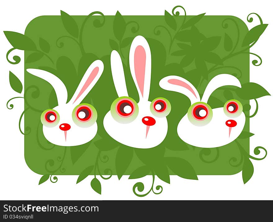 Three cartoon rabbits and grass on a green background.