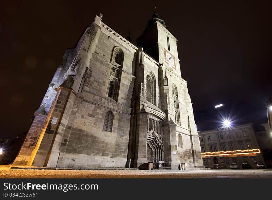 Night shot of the Black Church in Brasov