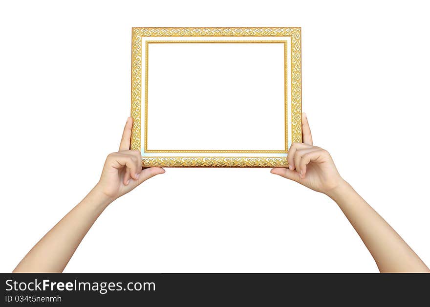 framework in hands isolated on white background