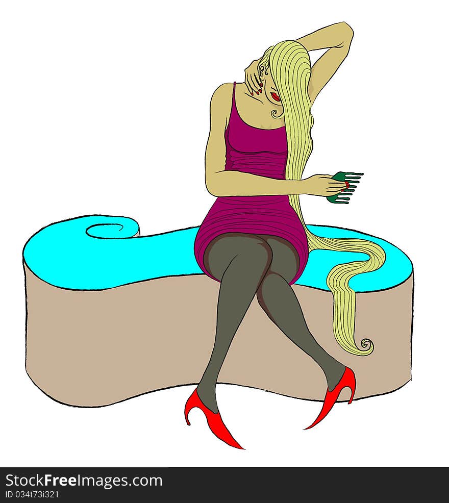 A charming lady caught in the act of combing her long blonde hair, while sitting on a modern shaped sofa. A charming lady caught in the act of combing her long blonde hair, while sitting on a modern shaped sofa.