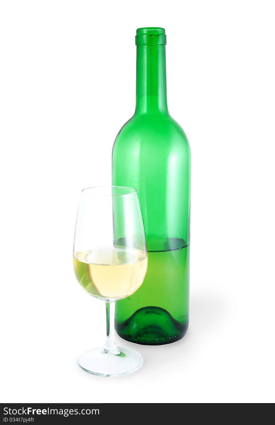 Uncorked bottle of white wine and a glass isolated on white with clipping path