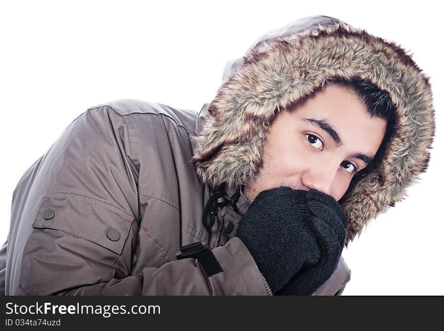 Young men in warmly clothing,isolated on white