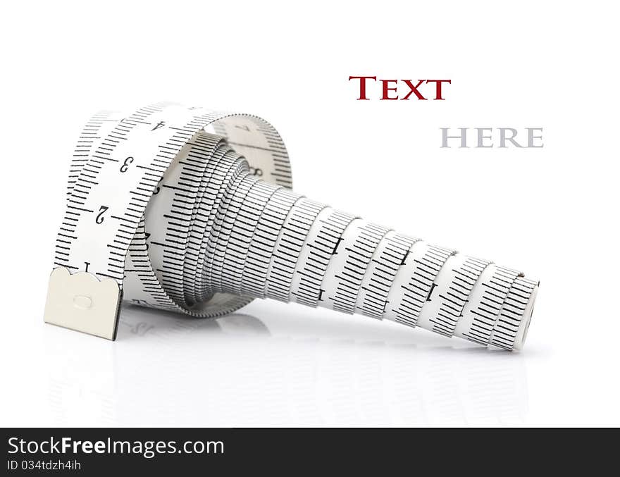 Rolled tape measure isolated on white (with sample text)