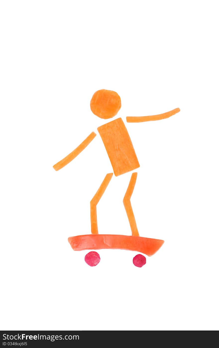 Man made of carrots and tomatoes ride a skateboard