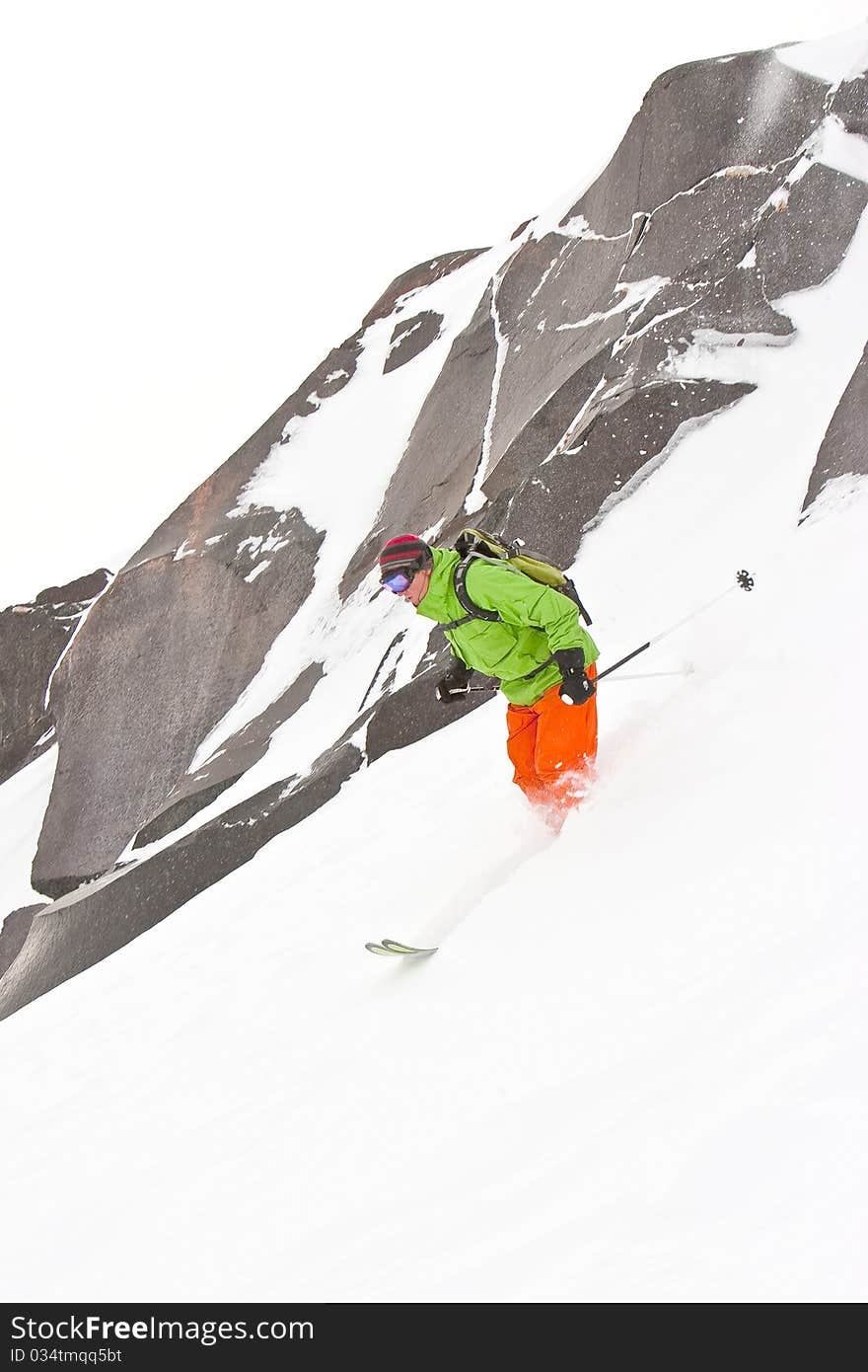 Freerider on the slope, Caucasus mountains