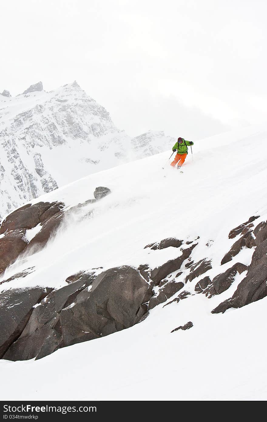 Freerider before the jump, Caucasus mountains