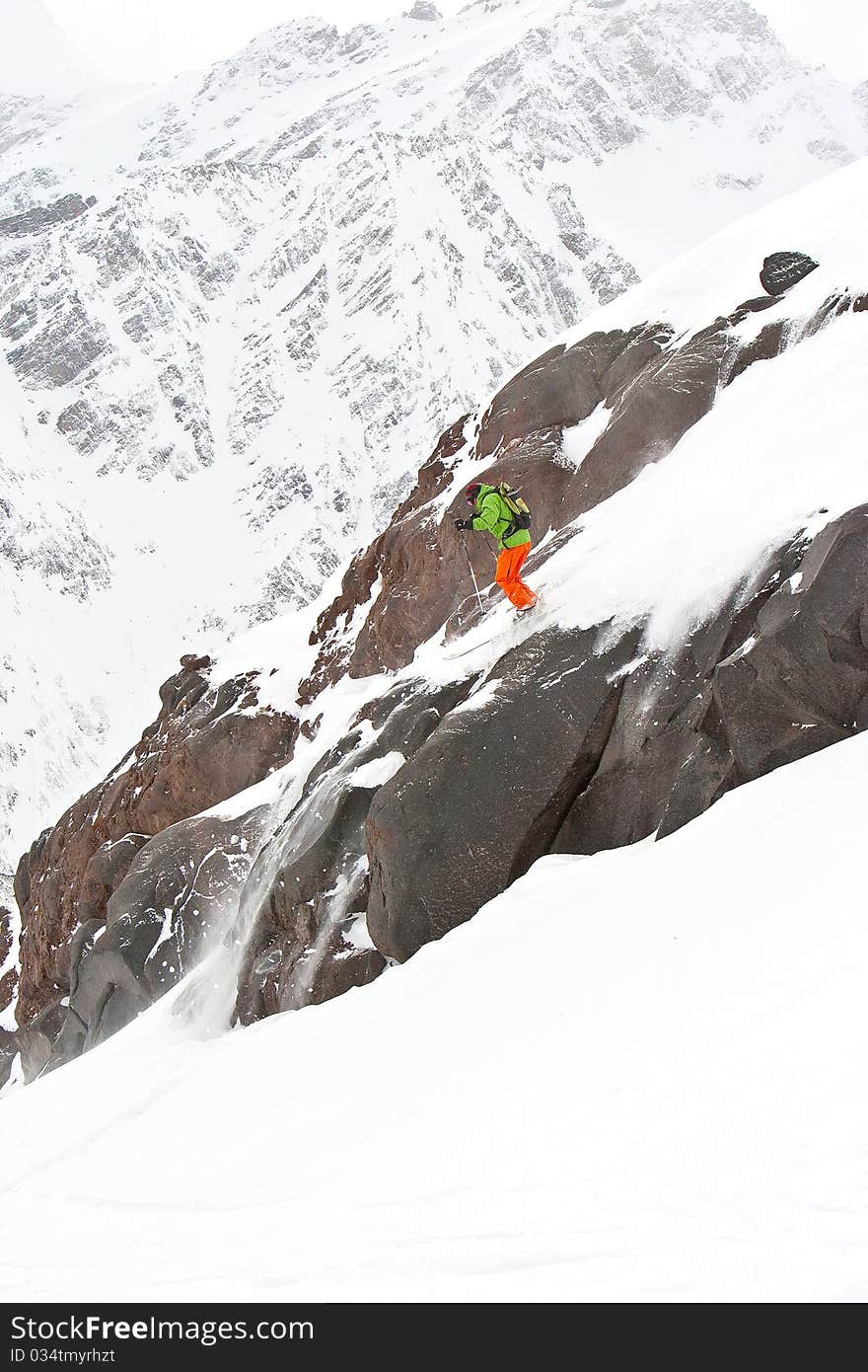 Freerider before the jump, Caucasus mountains