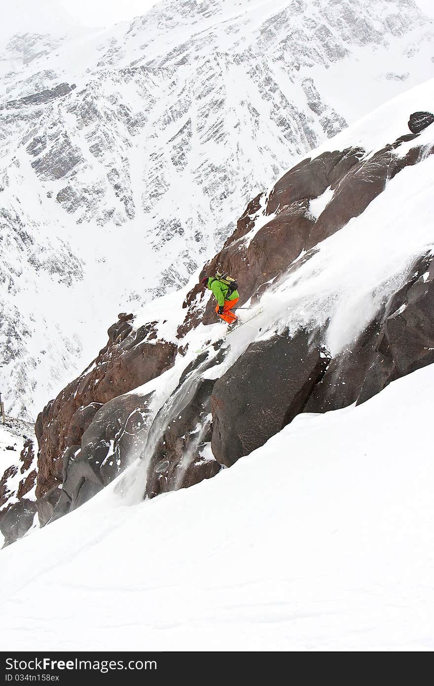 Freerider before the jump, Caucasus mountains