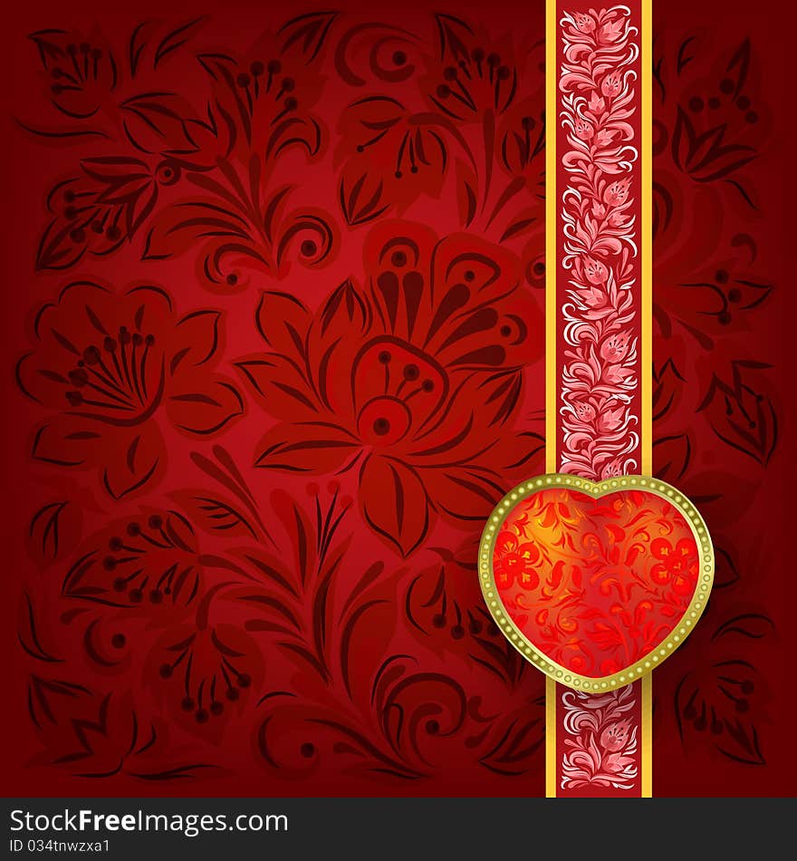 Valentines greeting with heart on red floral background. Valentines greeting with heart on red floral background