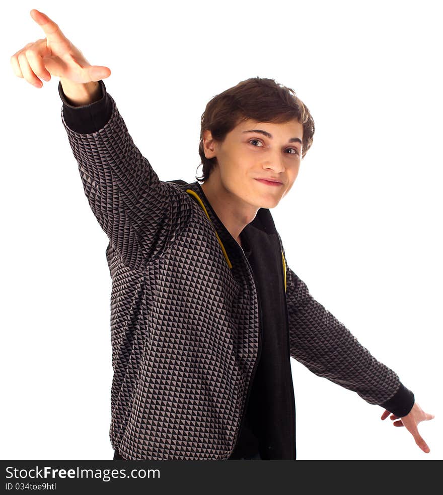 Stylish young man points his hands up and down on white background