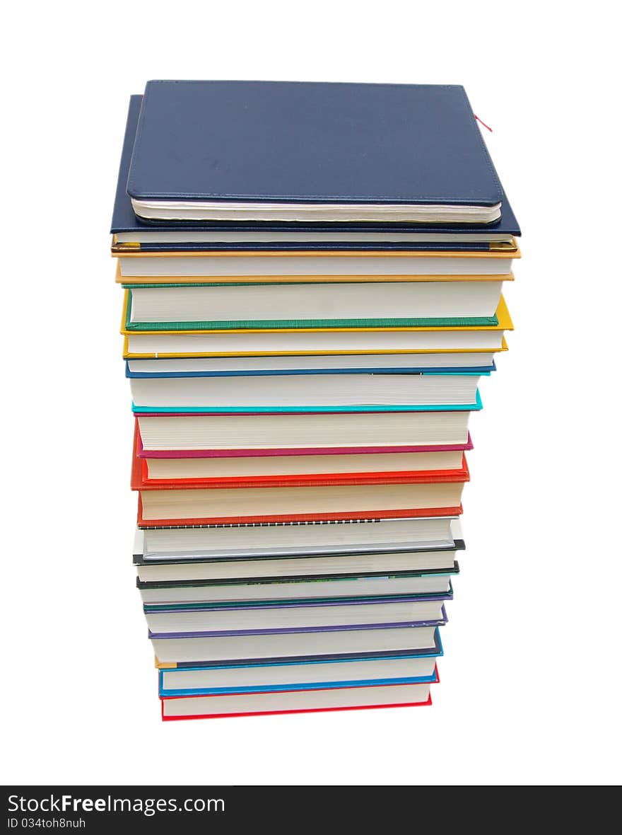 Stack of colorful real books on white background, side view. Stack of colorful real books on white background, side view.