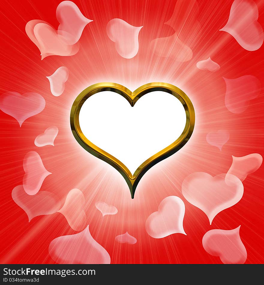 Valentine's golden heart on abstract hearts background with a free white zone