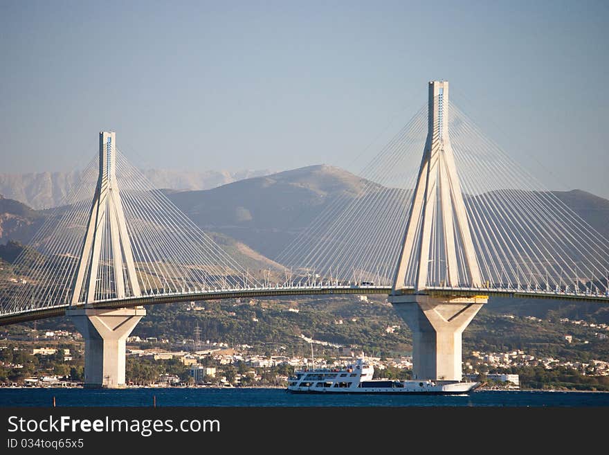 Panoramic view of Rio bridge, Peloponnese, Greece