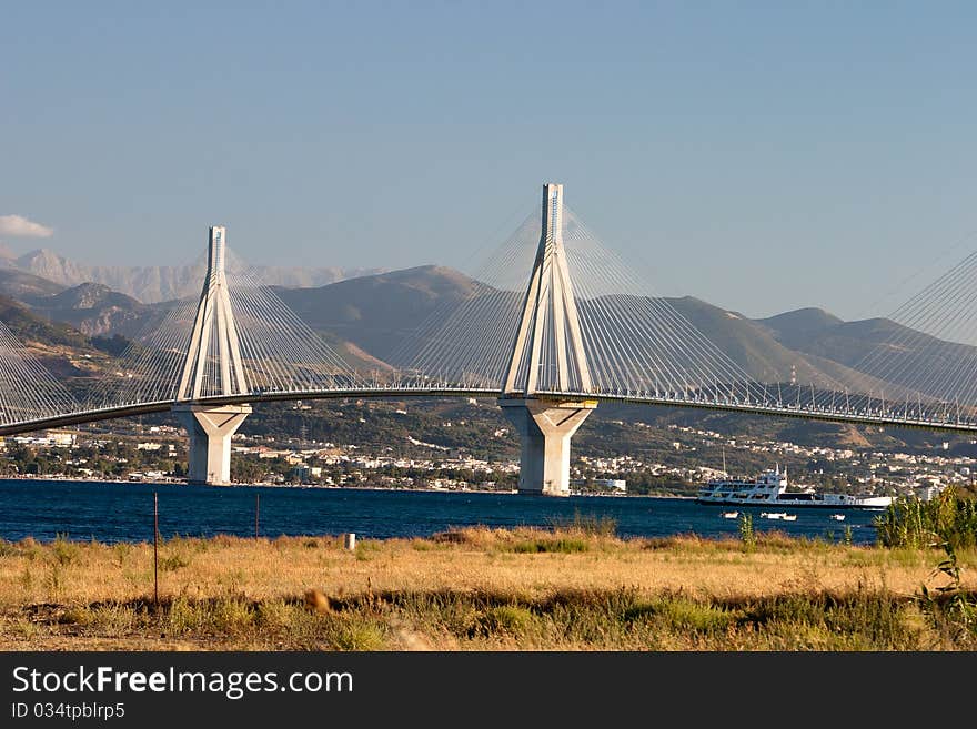 Panoramic view of Rio bridge, Peloponnese, Greece