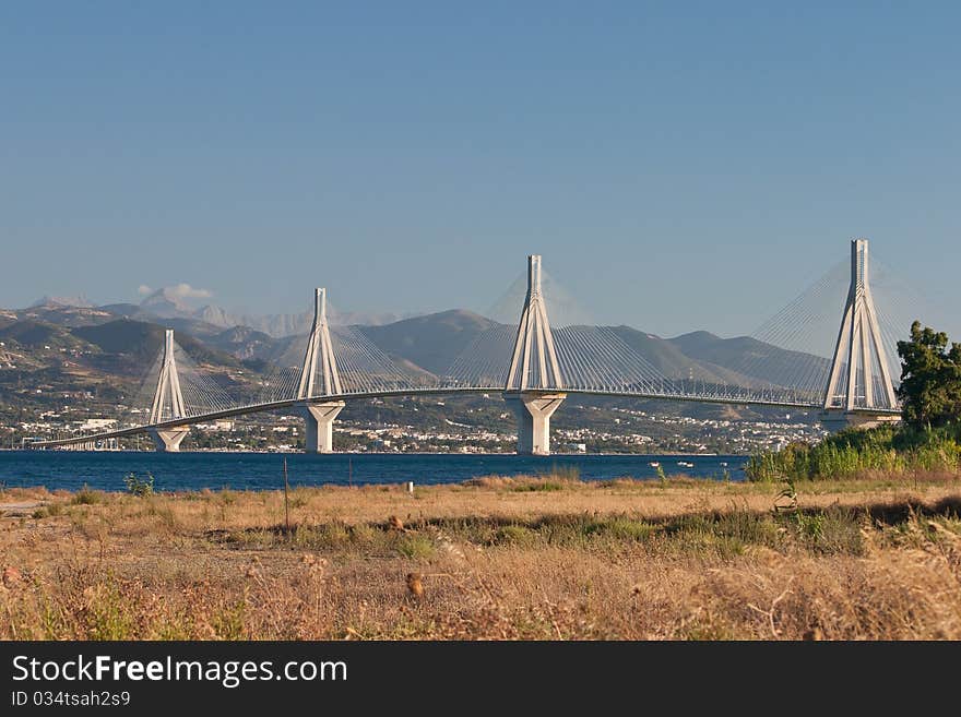 Panoramic view of Rio bridge, Peloponnese, Greece