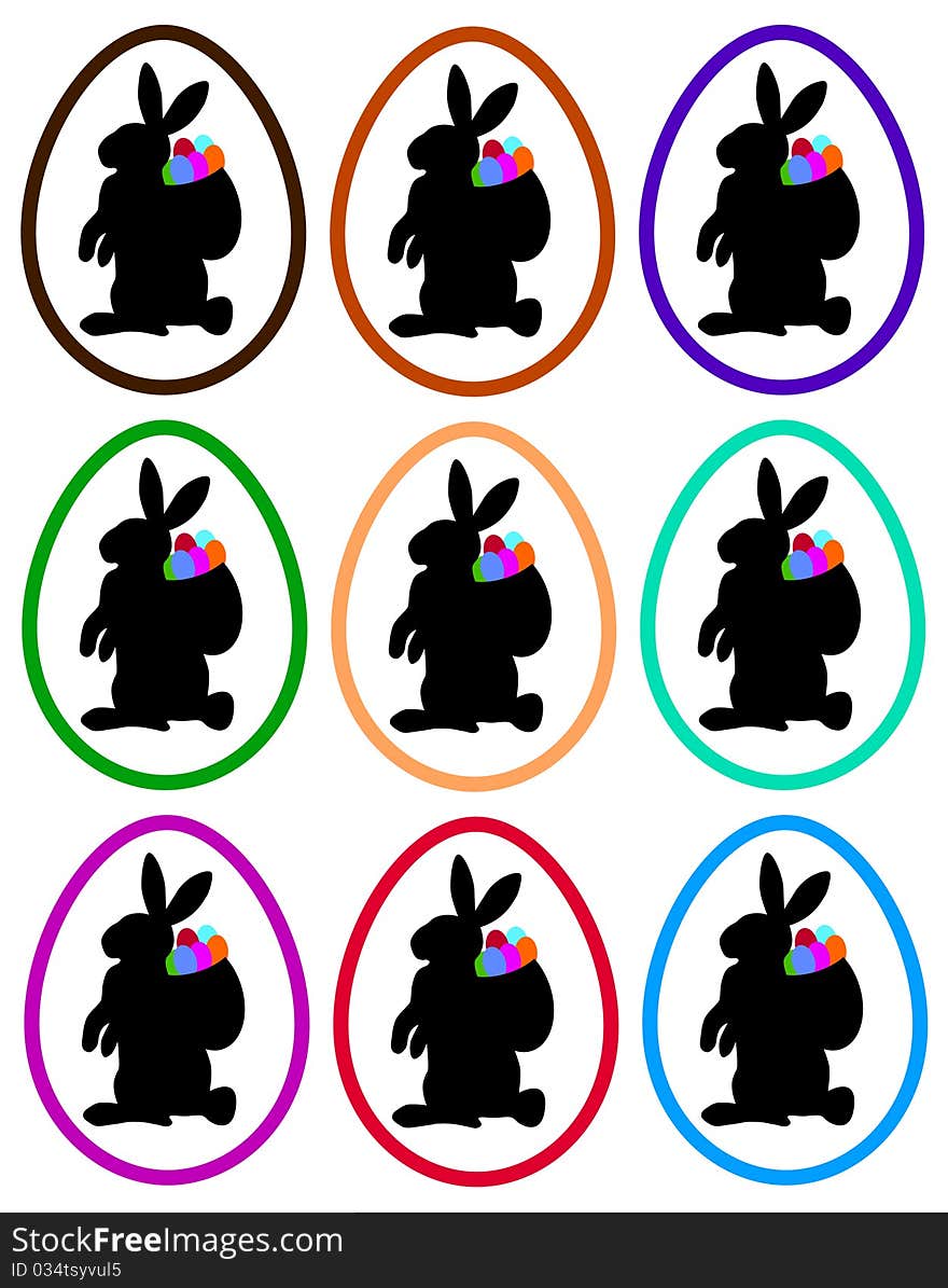 Black silhouettes of easter bunnys with colorful eggs in a basket in a egg border. Available as EPS-File. Black silhouettes of easter bunnys with colorful eggs in a basket in a egg border. Available as EPS-File