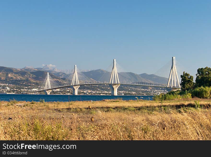 Panoramic view of Rio bridge, Peloponnese, Greece