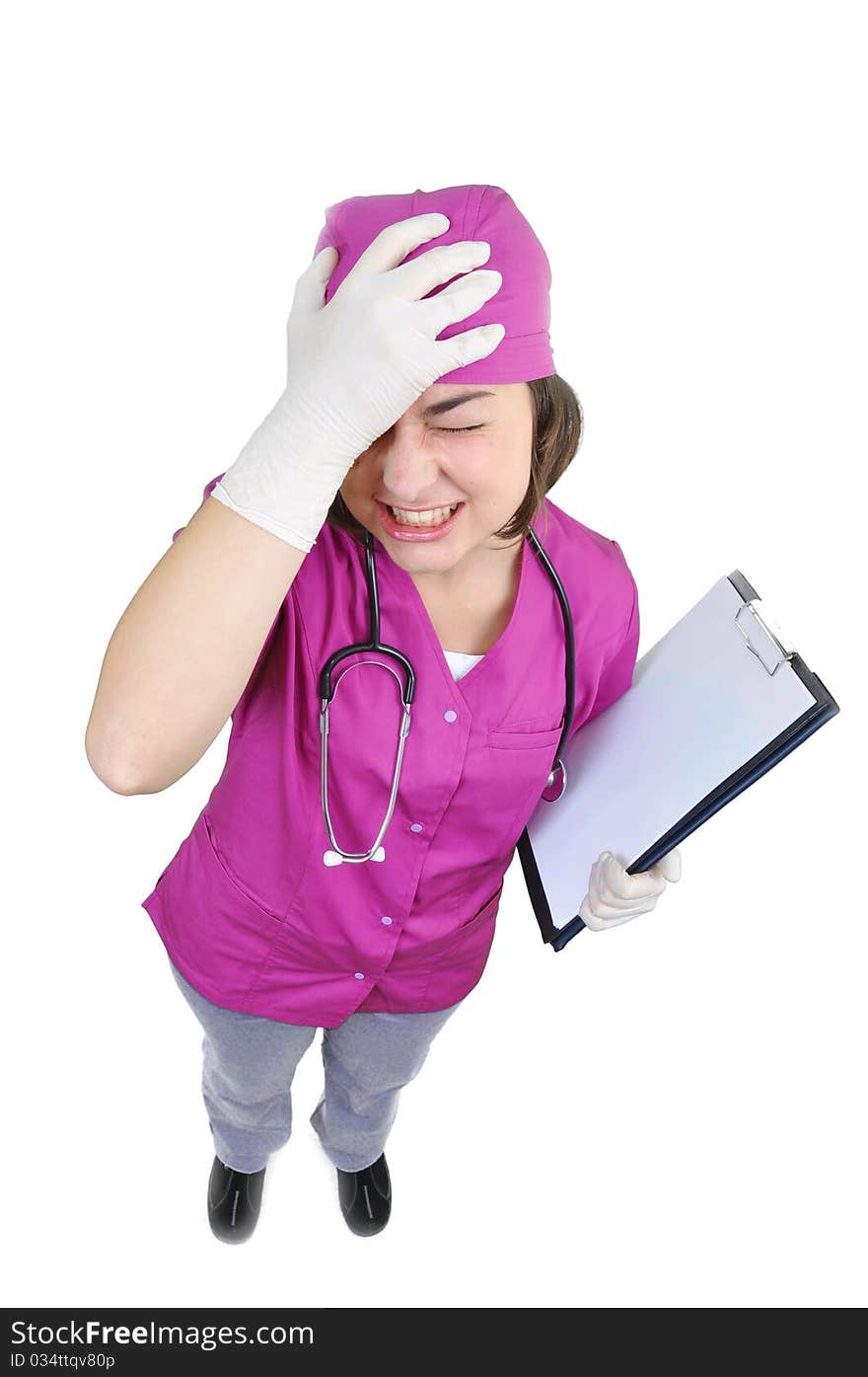 Medical doctor with headache holding her hand to the head,