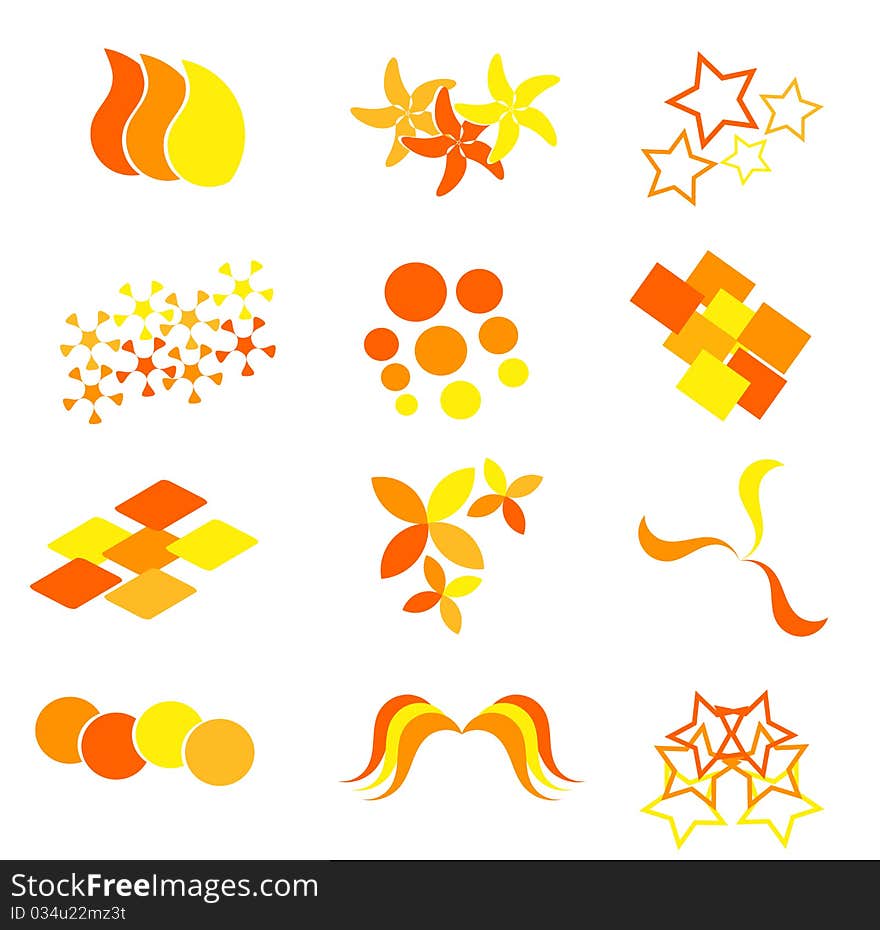 Set of  orange and yellow icons and emblems for design. Set of  orange and yellow icons and emblems for design