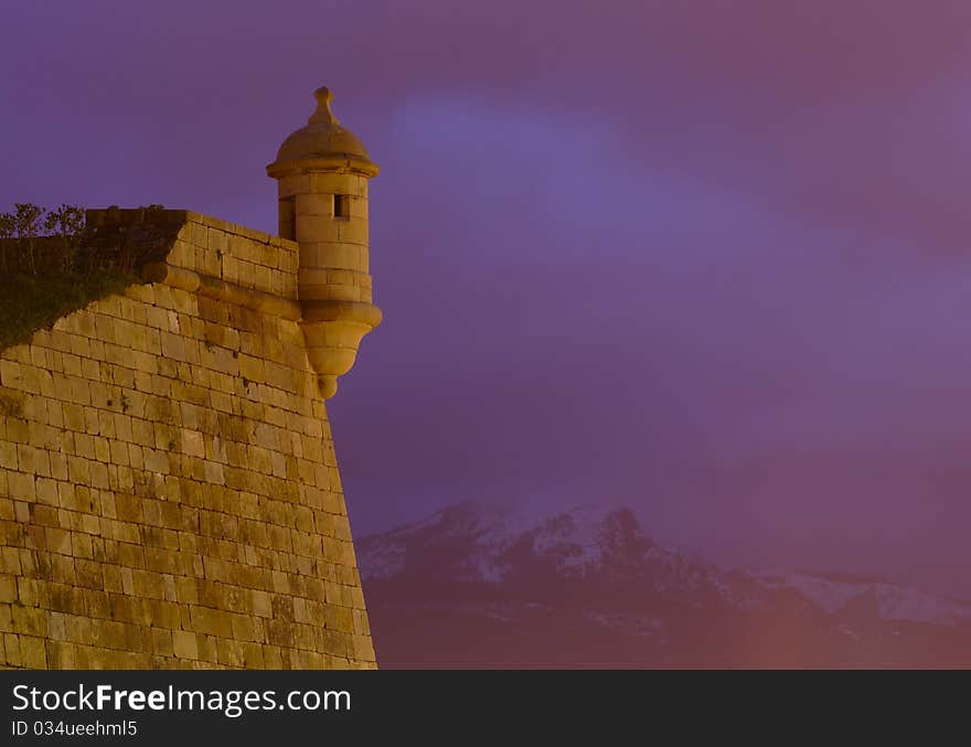 Wall and the bastion of the Queen in the night, Hondarribia, Gipuzkoa