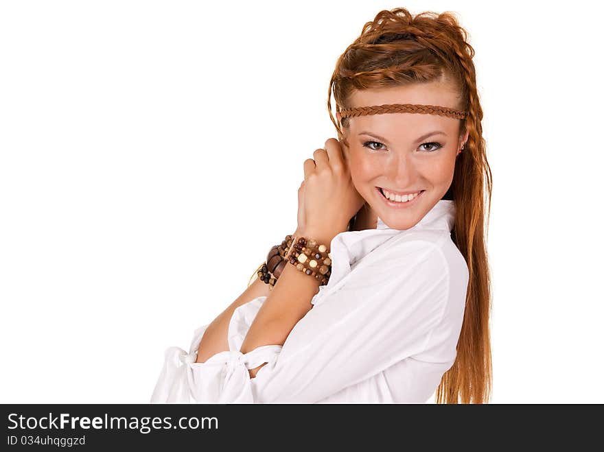 Portrait of young beautiful smiling woman in white clothes. Portrait of young beautiful smiling woman in white clothes