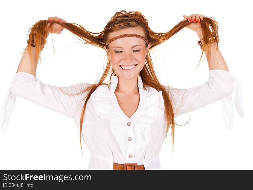 Portrait of young beautiful smiling woman in white clothes. Portrait of young beautiful smiling woman in white clothes