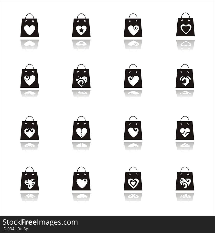 Set of 16 valentine shopping bags icons