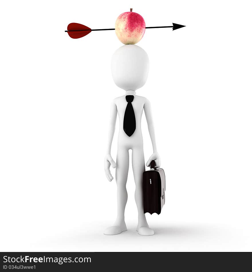 3d man with an apple isolated on he s head