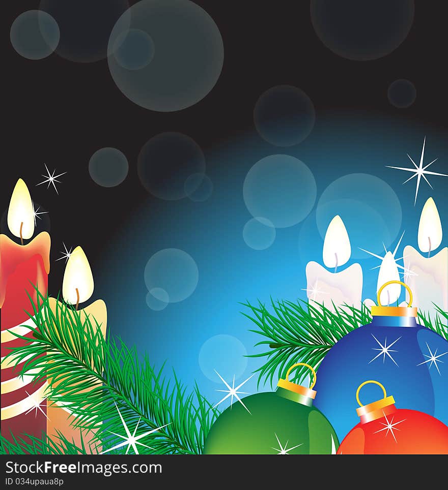 Burning candles and Christmas decorations on a magic blue background. Burning candles and Christmas decorations on a magic blue background