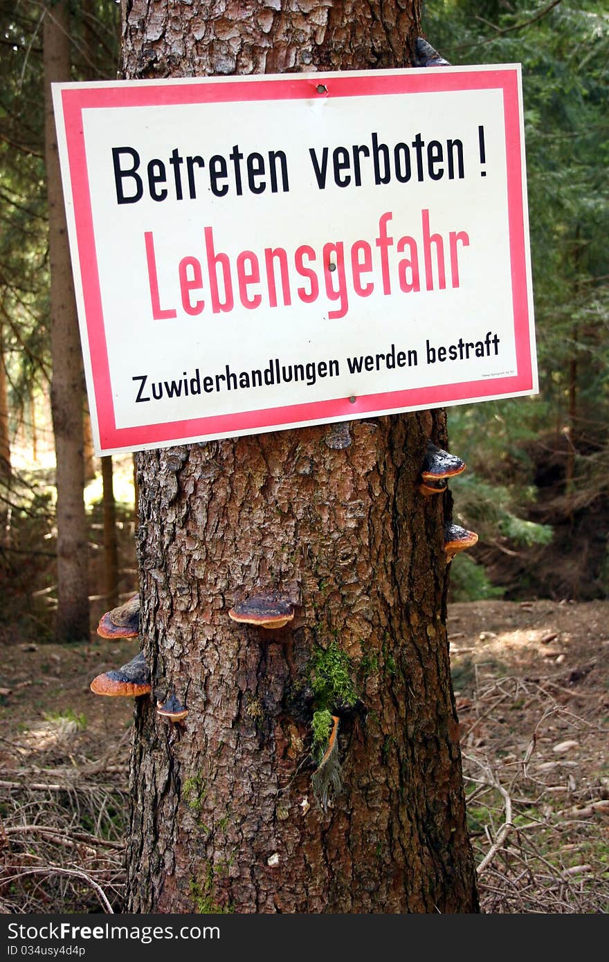 A sign in the woods warning of life threatening danger, written in German.