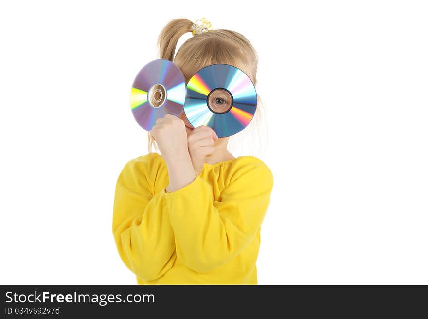 Little girl With CD isolated in white