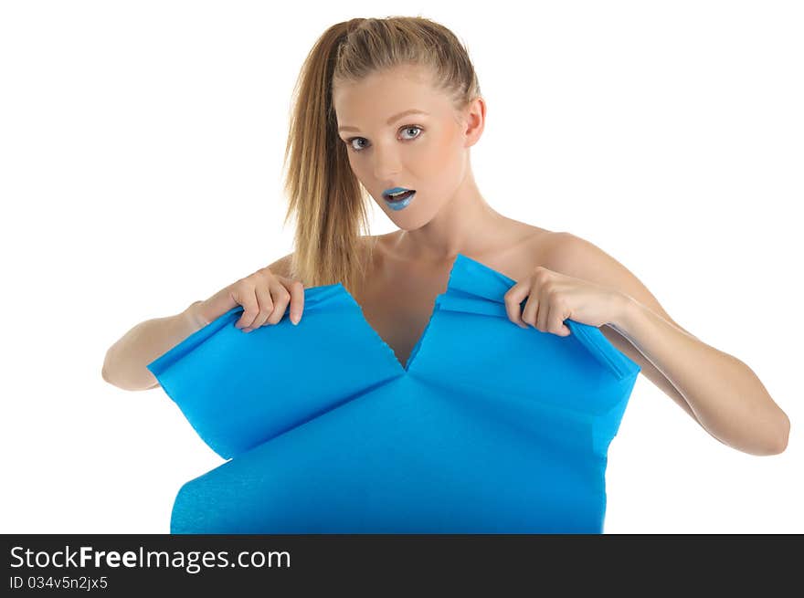 Young woman with blue sheet of paper isolated in white