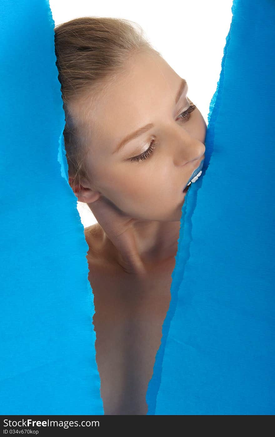 Young woman with dark blue lips and paper isolated in white