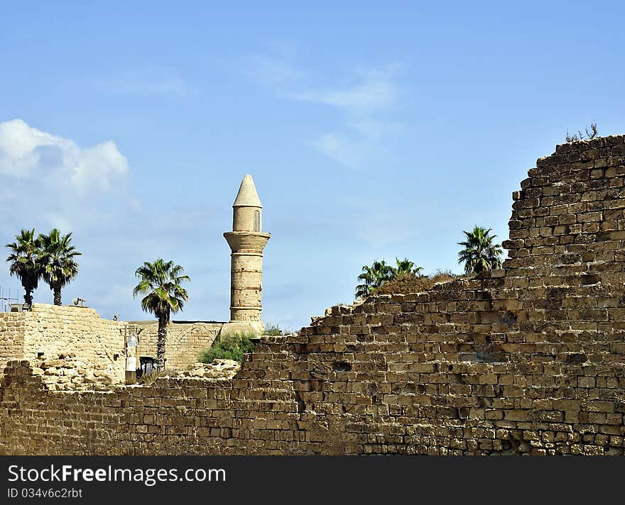 View of the tower in the ancient port of Caesarea. View of the tower in the ancient port of Caesarea