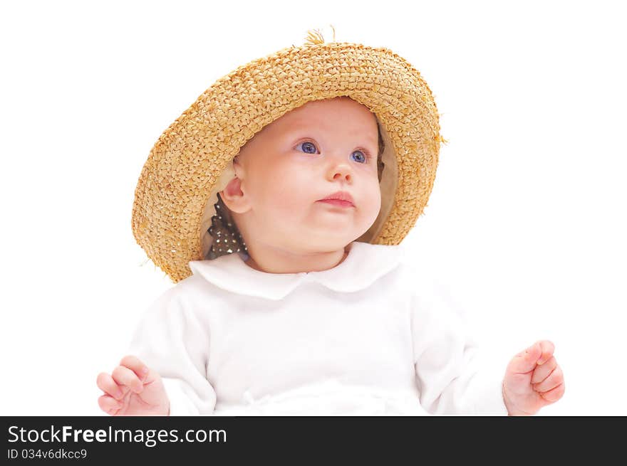 Beautiful baby, straw hat, isolated on white. Beautiful baby, straw hat, isolated on white