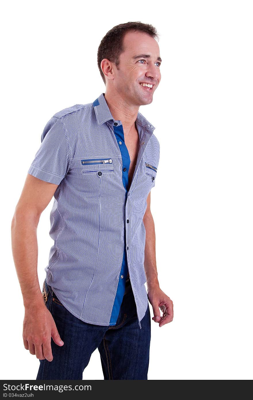 Portrait of a handsome happy middle-age man, on white background. Studio shot