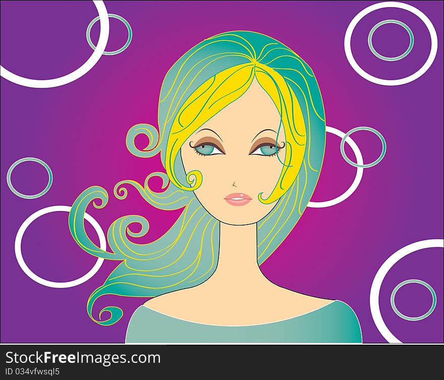 Abstract women illustration pink blue yellow flower hair face