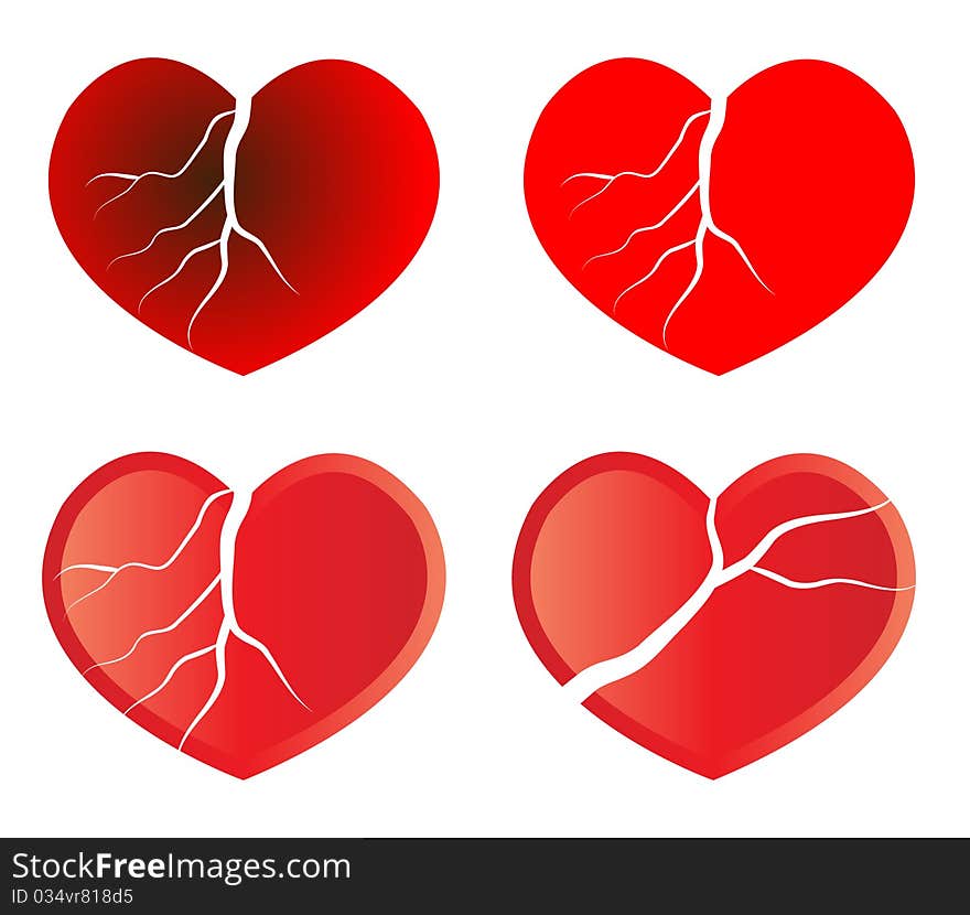 Illustration of four broken hearts