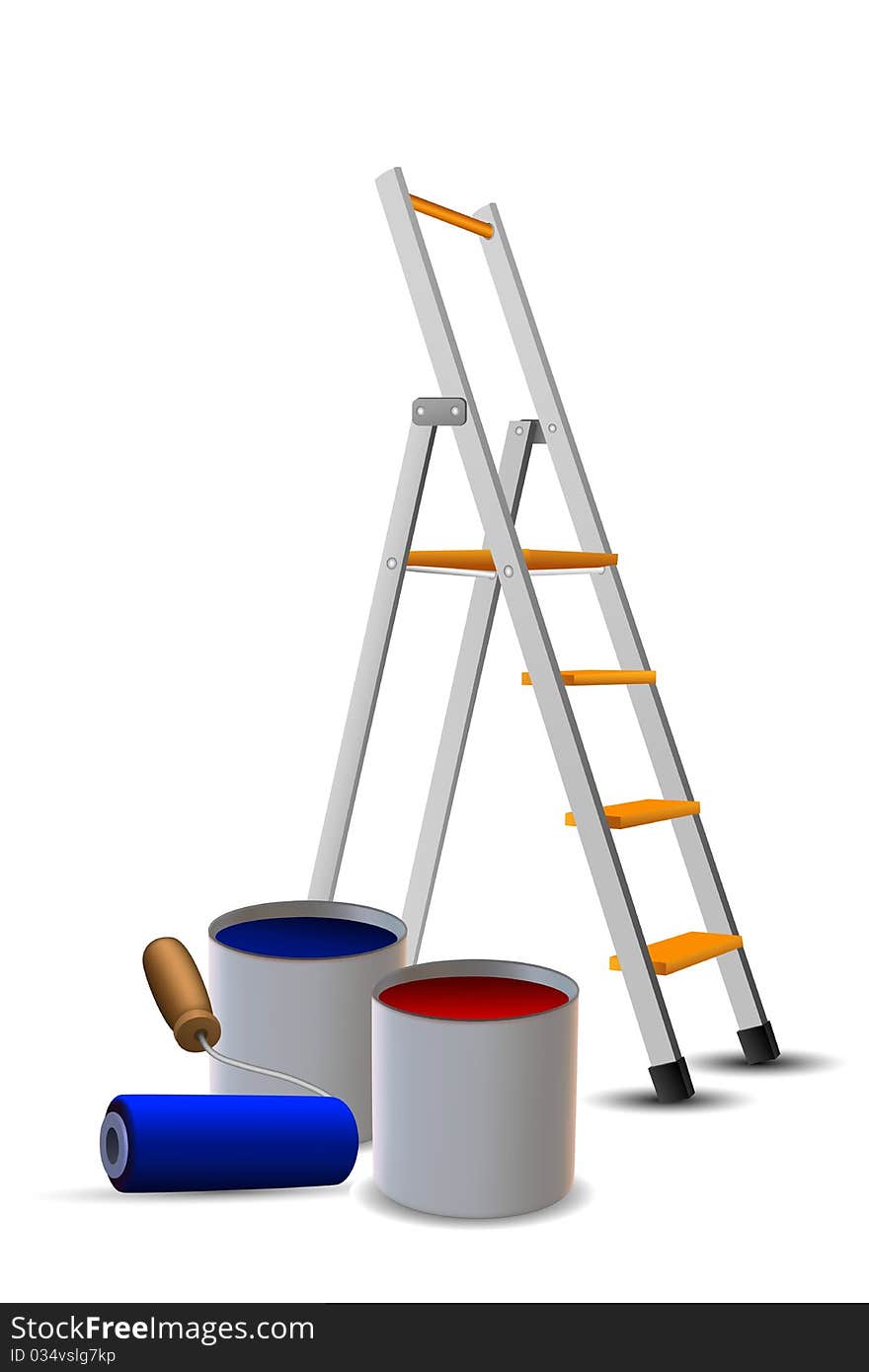 Illustration of steps, paint drums and roller on white background