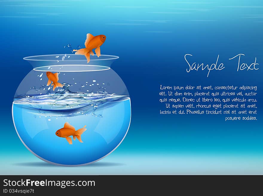 Illustration of fishes jumping out of tank on abstract background