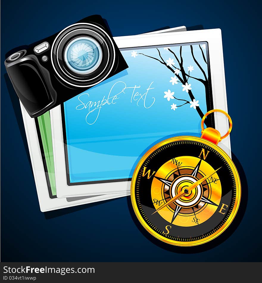 Illustration of compass with camera and pictures on abstract background