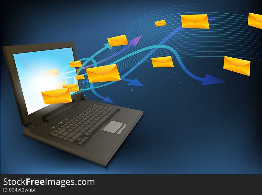 Illustration of laptop with arrow and letters on abstract background