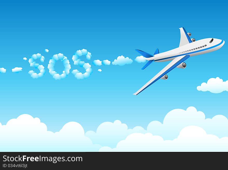 Illustration of aeroplane with cloudy sos on abstract background