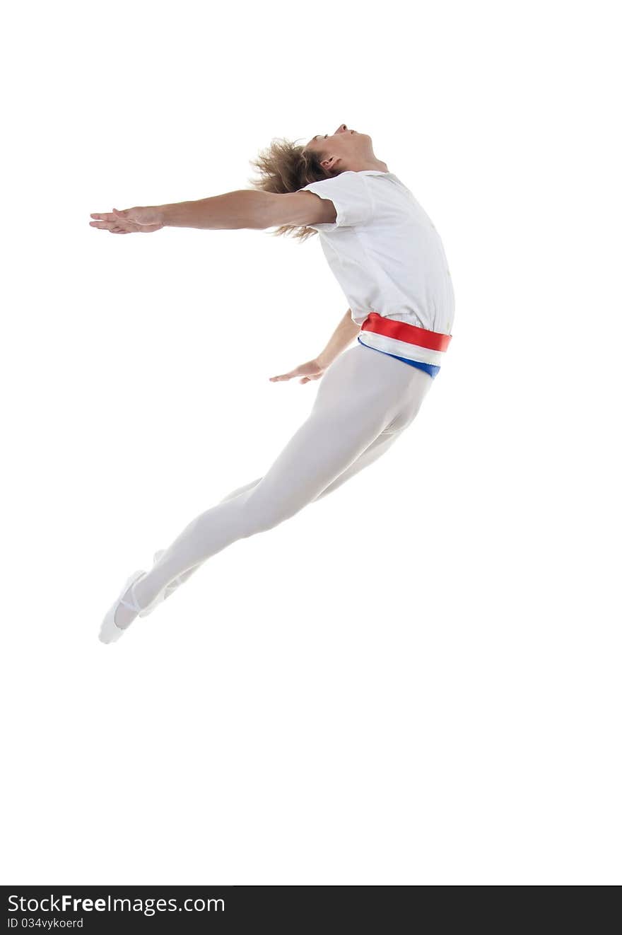 Dancer jumping over white background